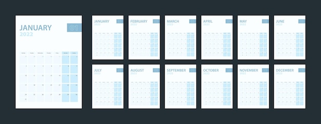 Calendário vertical 2022, conjunto de 12 páginas do calendário 2022.
