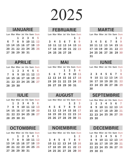 Calendário vertical clássico 2025 em romeno Dias, semanas e meses para planejamento Vector de impressão