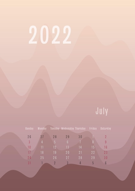 Calendário vertical de julho de 2022 todos os meses separadamente modelo de planejador pessoal mensal design de fundo colorido gradiente abstrato silhueta pico para impressão e digital