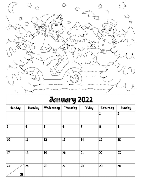 Calendário vertical para 2022 com um personagem fofo. página para colorir para crianças. a semana começa na segunda-feira. ilustração isolada do vetor. estilo de desenho animado.