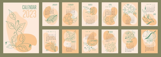 Calendário vertical vetorial 2023 formas abstratas modernas com plantas botânicas desenhadas à mão a semana começa no domingo