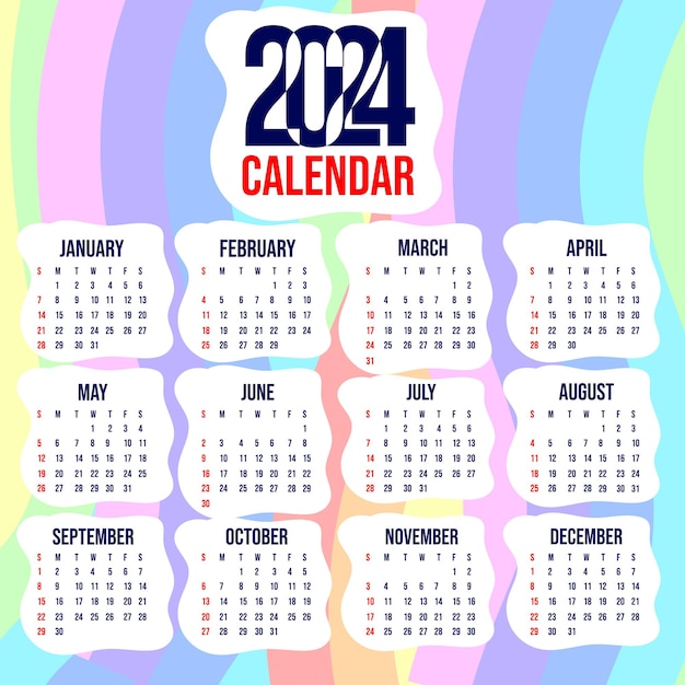 Vetor calendário vetorial 2024 com fundo abstrato de arco-íris