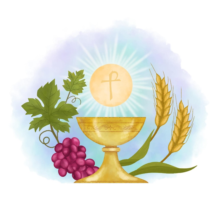 Vetor cálice e hospedeiro com grinalda de espigas de trigo e uvas