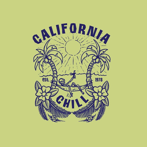 California chill skull, ilha de verão, desenho, tshirt, ilustração