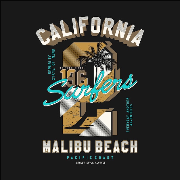 Vetor califórnia, praia de malibu, design de t-shirt com tipografia vetorial para impressão