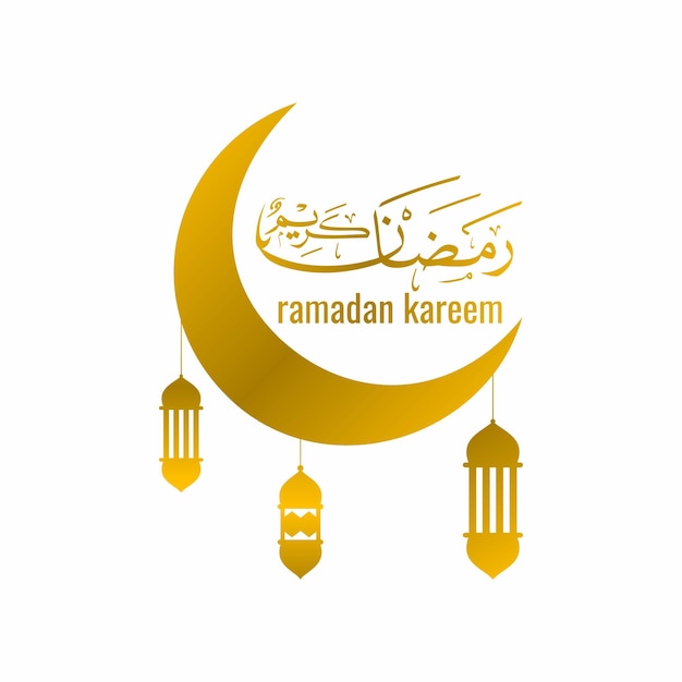 Caligrafia árabe de ramadan kareem com lanterna pendurada e design de lua crescente