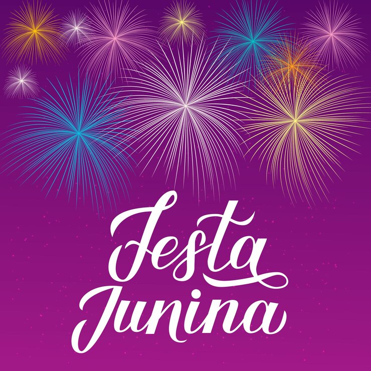 Vetor caligrafia de festa junina letras de mão fogos de artifício em fundo roxo brasil festival de junho festa de são joão modelo fácil de editar para banner tipografia cartaz convite panfleto etc