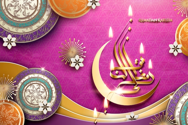 Caligrafia de ramadan kareem dourada com crescente e elementos florais decorativos em fundo fúcsia