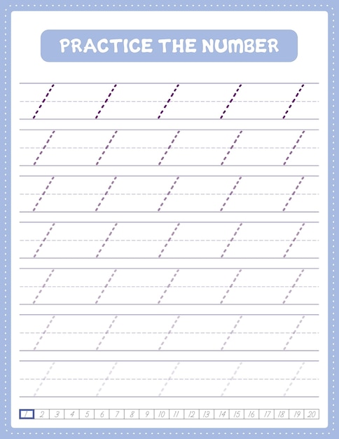 Vetor caligrafia de rastreamento de números cursivos em inglês planilha de exercícios com direção de seta número 1