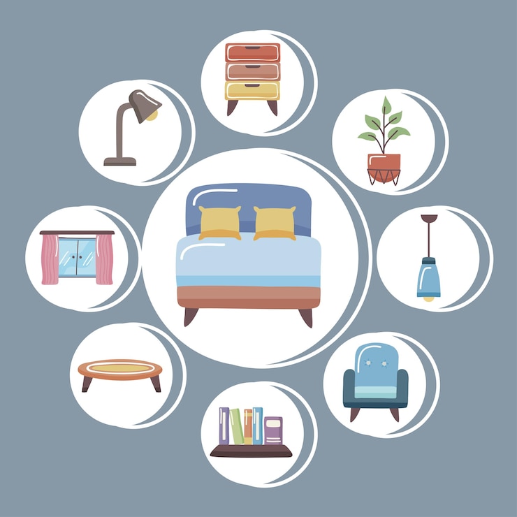 Vetor cama confortável e coleção de ícones para casa