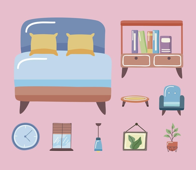 Vetor cama confortável e conjunto de ícones de casa