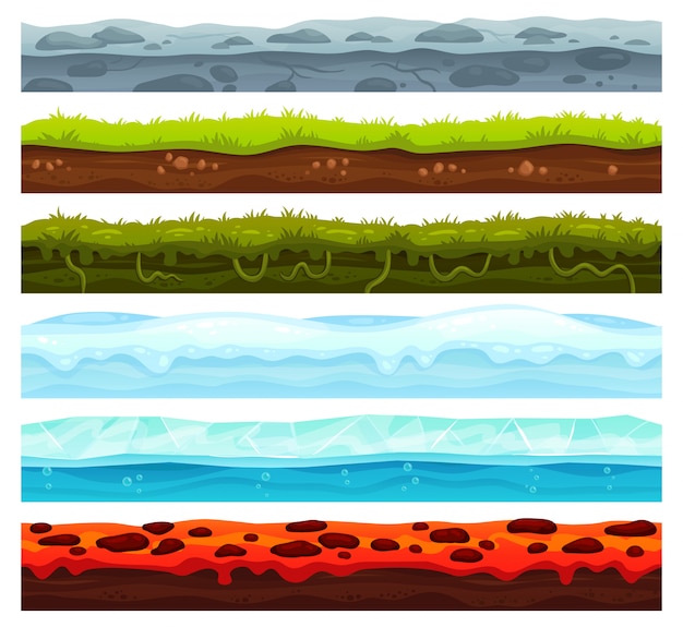 Camadas de terra sem emenda. jogo de terra em terra jogo ativo, gelo com calotas de neve e chão de lava. ativos de vetor de superfície dos desenhos animados