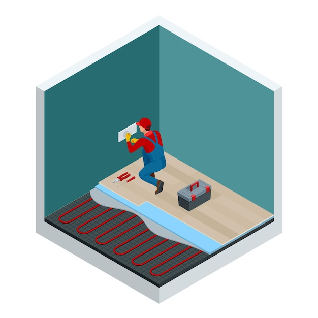 Vetor camadas isométricas de sistema de aquecimento de piso infravermelho sob o conceito de piso laminado. modelo isométrico de reparo em casa. ilustração em vetor piso radiante.