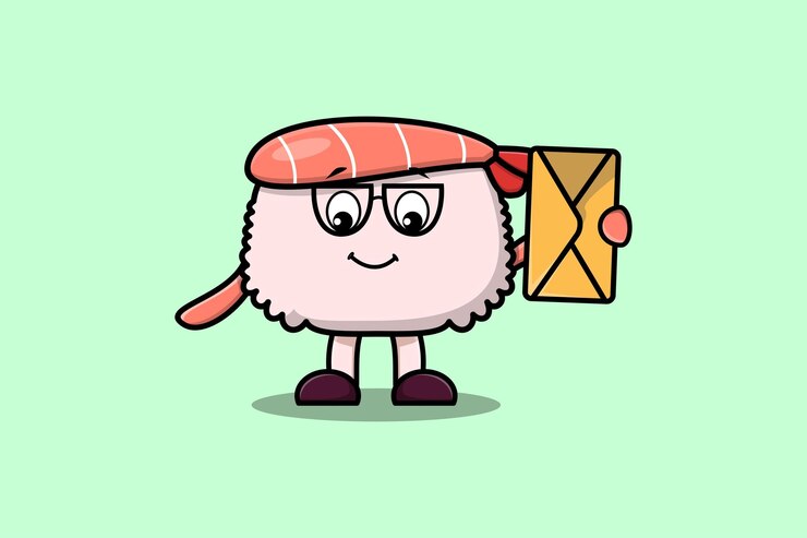 Vetor camarão sushi de desenho animado fofo segurando envelope com estilo de ilustração vetorial de desenho animado