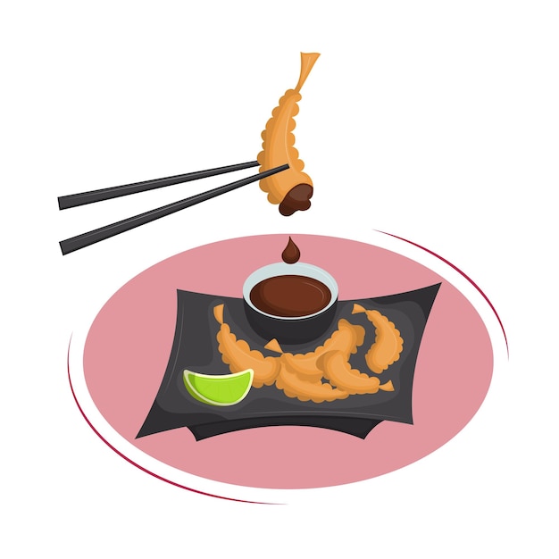 Camarão tempura frito japonês com pauzinhos e molho de soja cozinha tradicional asiática