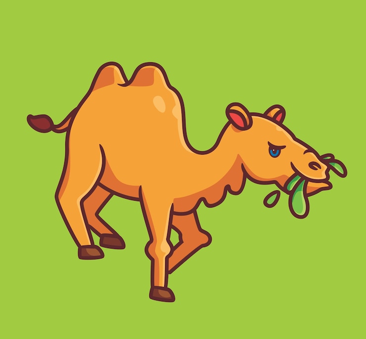 Vetor camelo bonito comendo grama isolado ilustração animal dos desenhos animados design de ícone de etiqueta de estilo simples premium