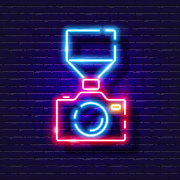 Vetor câmera com câmera flash neon ícone foto e vídeo conceito vetor ilustração de um sinal para design website decoração loja online