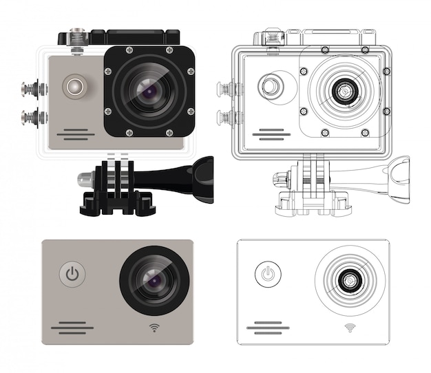 Câmera de ação na caixa à prova d'água. equipamento para filmar esportes radicais. conjunto de câmera de ação. ilustração vetorial realista.