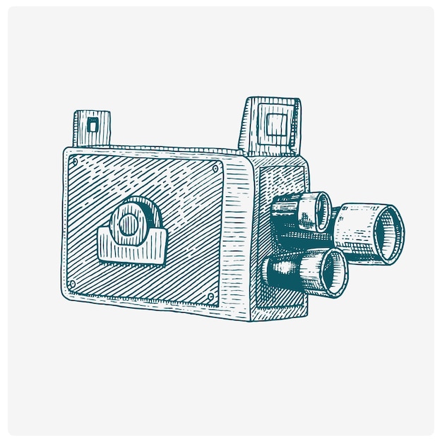 Câmera de filme fotográfico vintage gravada à mão desenhada em esboço ou estilo de corte de madeira, lente retrô de aparência antiga, ilustração realista vetorial