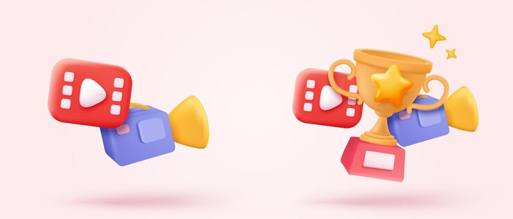 Vetor câmera de vídeo 3d simplicidade sinais de ícone com lente e botão para teatro filme realista ícone de filme botão de reprodução para streaming conceitos multimídia cinema 3d ícone de gravação renderização vetorial ilustração