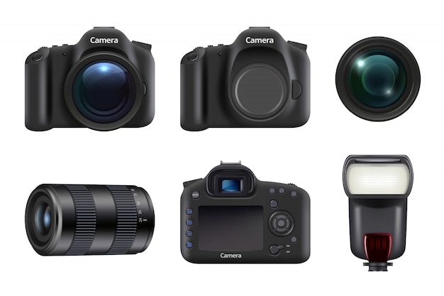 Vetor câmera digital. foto estúdio equipamento profissional dslr lente da câmera e flashes realistas