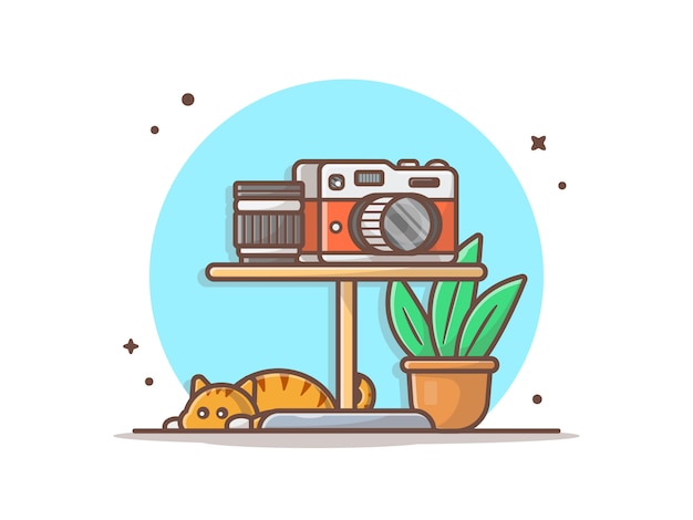 Câmera e lente na mesa vector icon ilustração