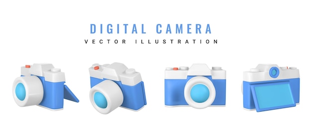Câmera fotográfica de desenho animado bonito Câmera 3d realista Objeto de verão Ilustração vetorial