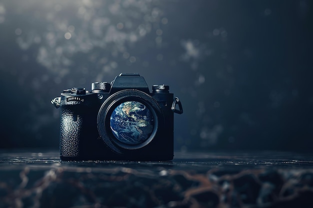 câmera fotográfica digital com planeta mundial