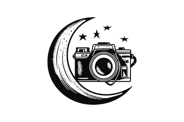 Câmera vintage e logotipo de fotografia de lua Design de logotipo de vetor mínimo Ilustração de sublimação de camiseta