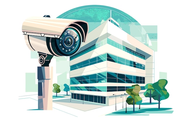 Câmeras de vigilância do sistema de segurança em fundo com paisagem urbana e céu azul vetor realista