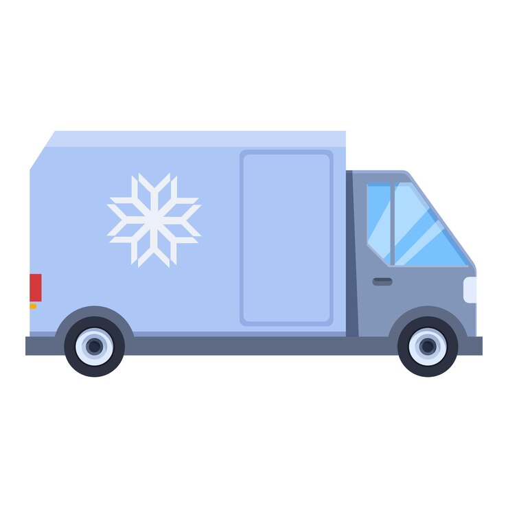 Vetor camião frigorífico que entrega alimentos congelados com o logotipo de floco de neve