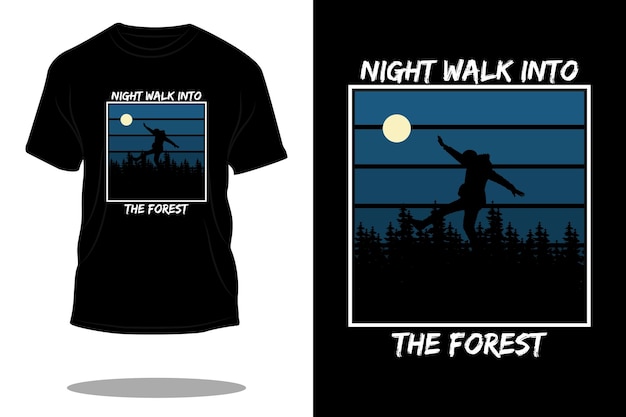 Caminhada noturna no design de camiseta retrô da floresta