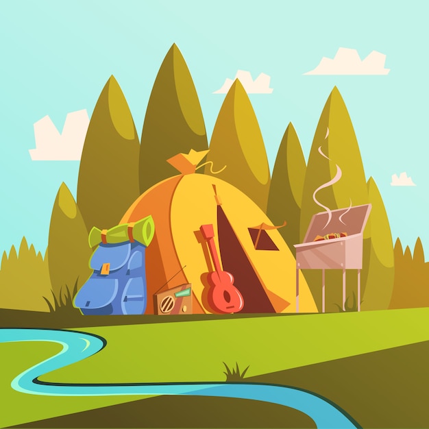 Caminhadas e fundo de tenda com floresta do rio e ilustração em vetor churrasco dos desenhos animados