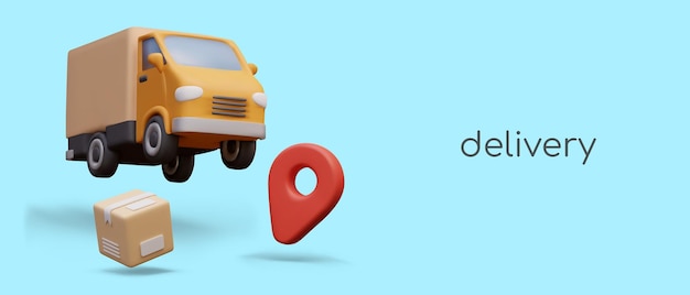 Caminhão amarelo realista entregando parcela e pin vermelho