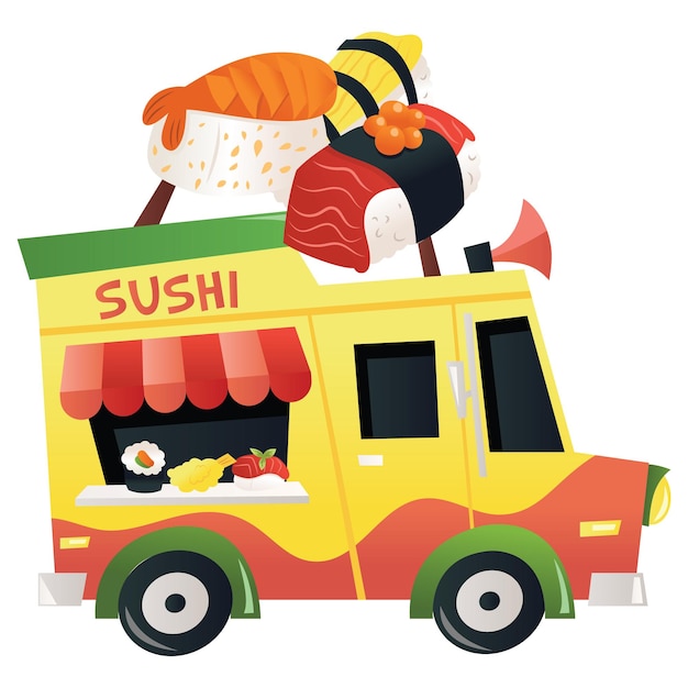 Vetor caminhão de comida de sushi de desenho animado