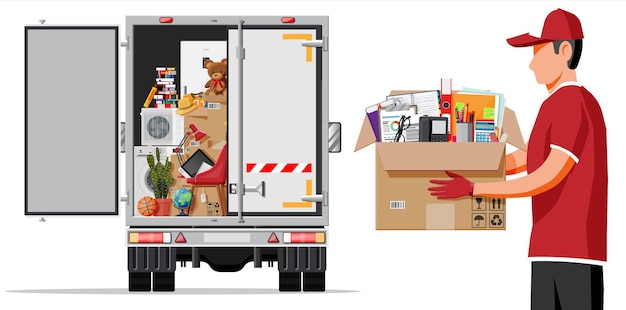 Caminhão de entrega cheio de coisas para casa dentro. Mudança para uma nova casa. Família mudou-se para uma nova casa. Caixas com mercadorias. Transporte de pacotes. Computador, abajur, roupas, livros. Ilustração vetorial plana