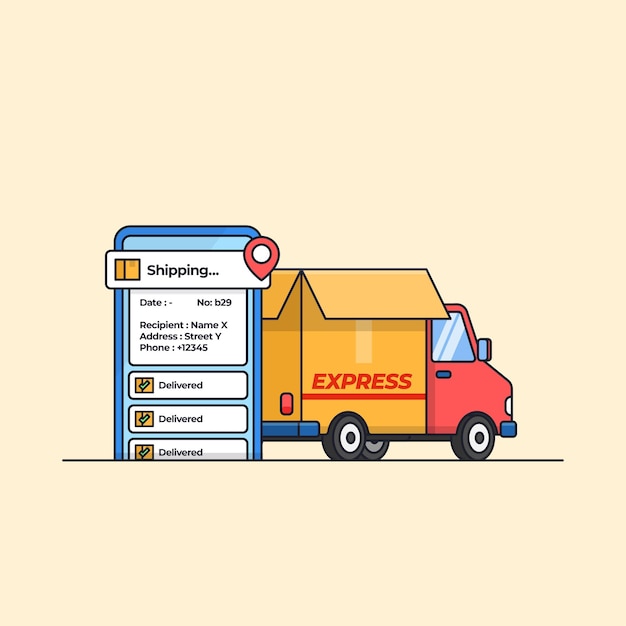 Caminhão de entrega com aplicativo de rastreamento de localização para ilustração moderna de serviço de frete expresso