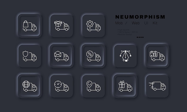 Caminhão de entrega com botões do site definir ícone caixa de bolsa engrenagem escudo carta desconto adesivo calendário planeta relógio ponteiro presente conceito de logística neomorfismo ícone de linha vetorial para negócios