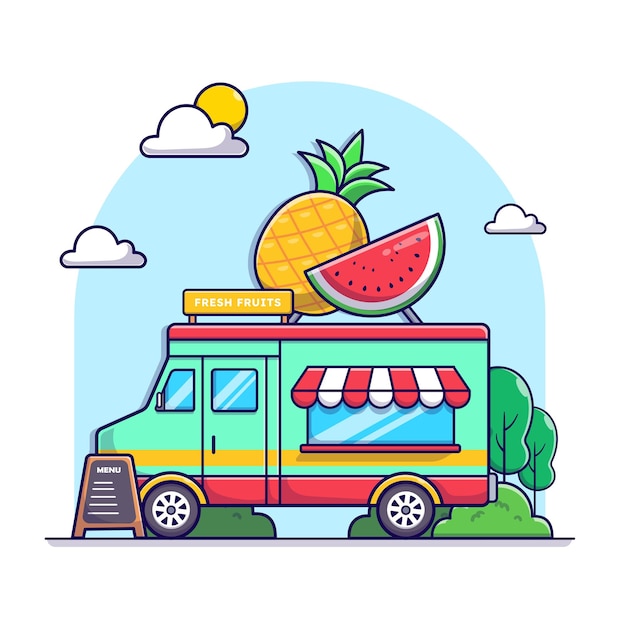Caminhão de frutas no parque. com grandes frutas frescas, ilustração cartoon comida de rua branca isolada