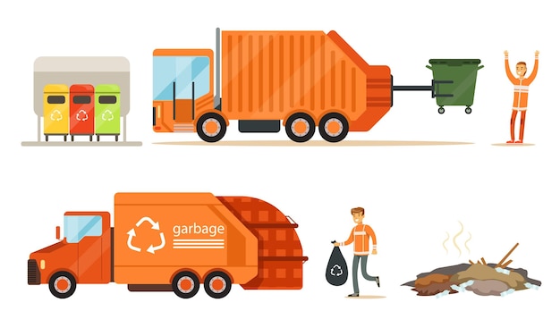 Caminhão de lixo carrega lixo Conjunto de ilustrações vetoriais