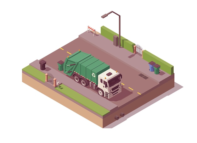 Caminhão de lixo isométrico catando lixo na rua. Ilustração vetorial Coleção