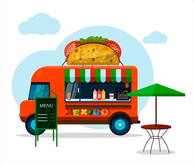 Caminhão de rua vetorial com ilustração de desenho animado de comida mexicana de van vendendo taco nachos em feiras