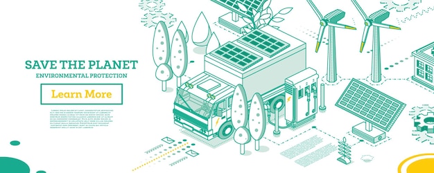 Caminhão elétrico com painéis solares de estação de carregamento e turbinas eólicas em segundo plano