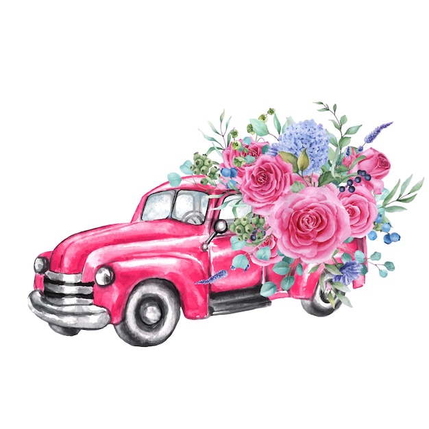 Caminhão rosa aquarela com flores rosas caminhão do dia dos namorados