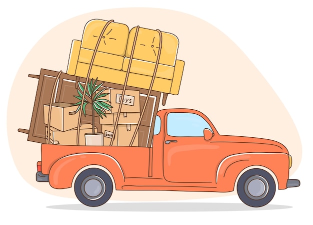Vetor caminhão vermelho transporta coisas em caixas e móveis para uma nova casa
