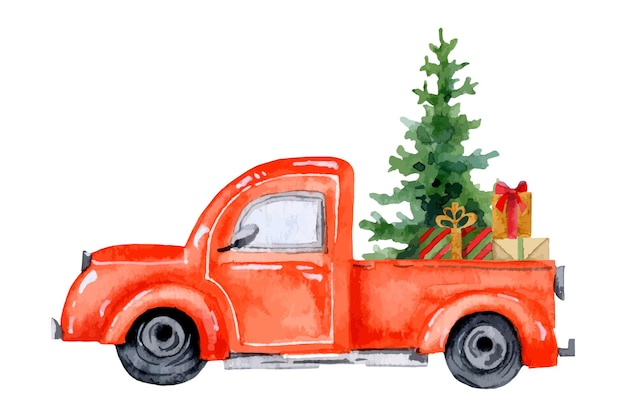 Caminhão vintage vermelho aquarela com árvore de Natal e presentes Ilustração desenhada à mão para cartões e cartões postais de ano novo Desenho em fundo branco
