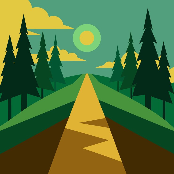 Vetor caminho através de uma floresta sob o sol