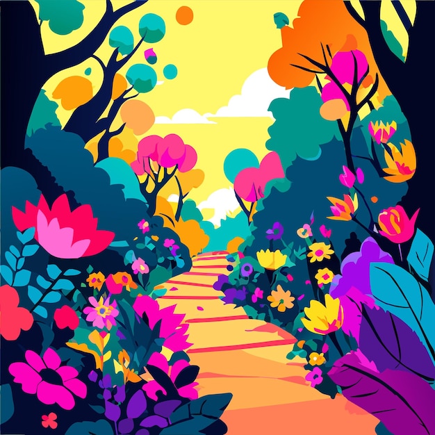 Vetor caminho estreito em um jardim cercado por um monte de flores coloridas ilustração vetorial