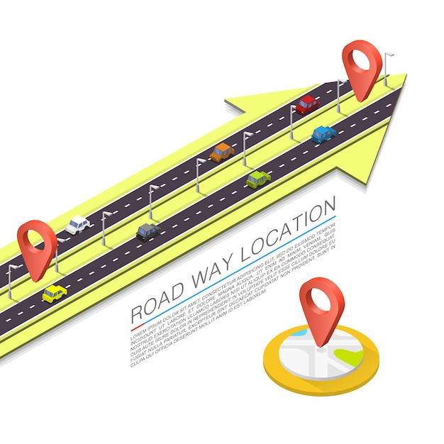 Caminho pavimentado na estrada, localização isométrica da estrada, sinal de seta na estrada, plano de fundo vector