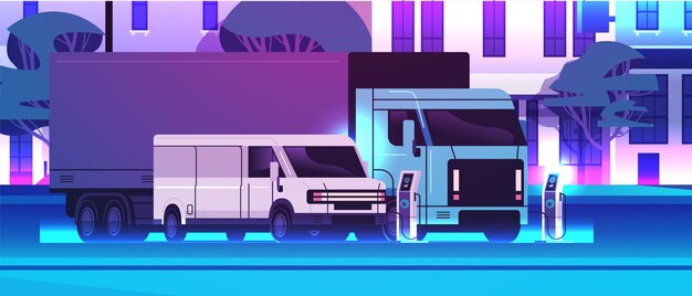 caminhões de carga elétrica carregando veículos de bateria na recarga do carregador da estação de energia gerenciamento EV conceito de transporte sustentável fundo da paisagem urbana ilustração vetorial horizontal